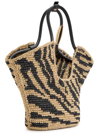 Zimmermann Goldentime Small Leather-trimmed Raffia-jacquard Tote In Neutral