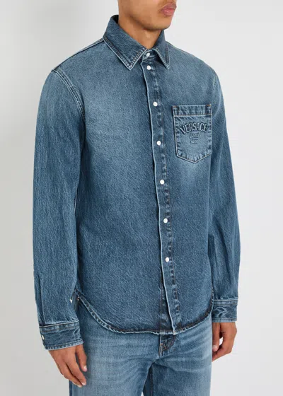 Versace Indigo Blue Washed Denim Shirt With Embossed Logo