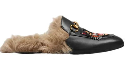 Gucci Tiger Head Embroidered Leather One Pedal Flat Shoes Black Fleece Lined