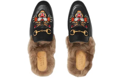 Gucci Tiger Head Embroidered Leather One Pedal Flat Shoes Black Fleece Lined