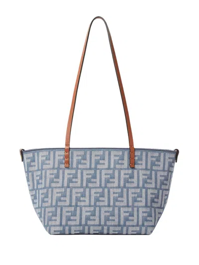 Fendi Small Roll Blue Denim-effect Ff Jacquard Reversible Shopper