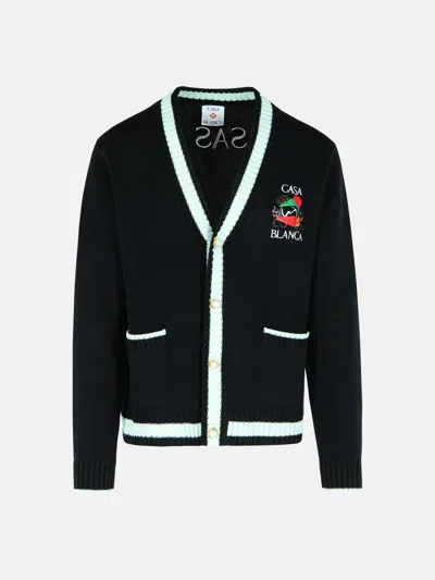 Casablanca 'mountain Temple' Black Merino Wool Embroidered Cardigan