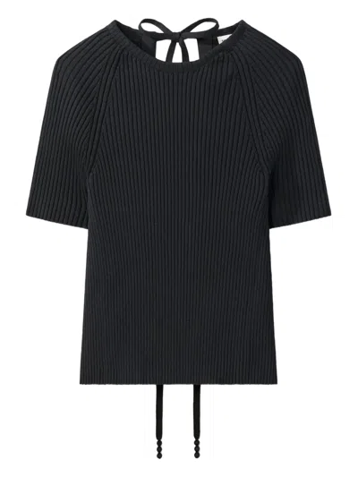 Tory Burch Ribbed Tie-back Pullover In Black