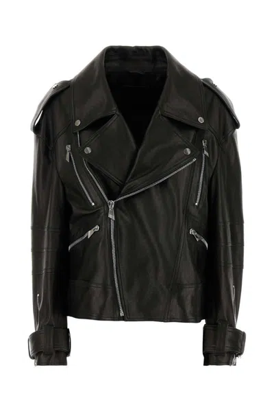 Attico Black Leather Oversize Bomber Jacket In Black