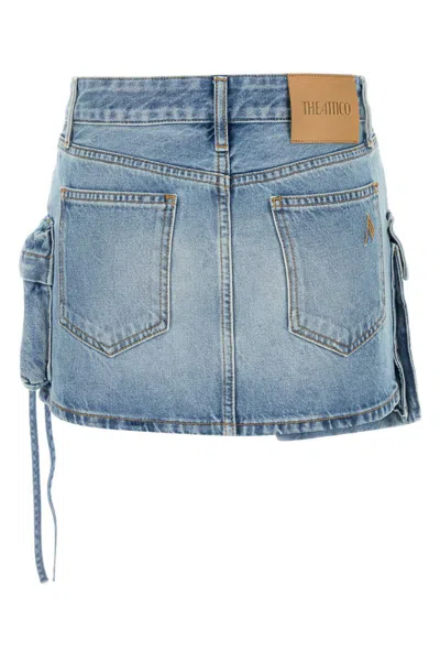 Attico Denim Mini Skirt With Pockets And Stitching In Blue