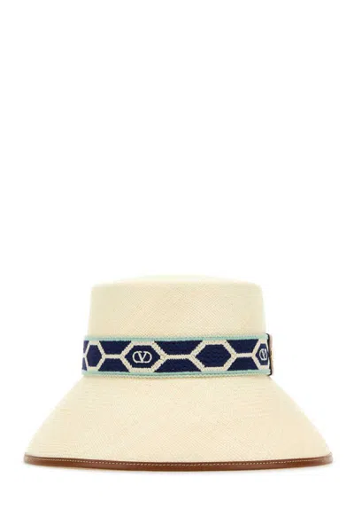 Valentino Embroidered Band Straw Bucket Hat In White
