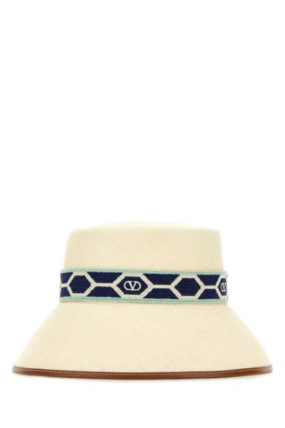 Valentino Embroidered Band Straw Bucket Hat In White