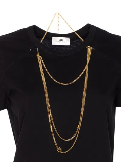Elisabetta Franchi Logo T-shirt With Chain Detail And Charms In Black