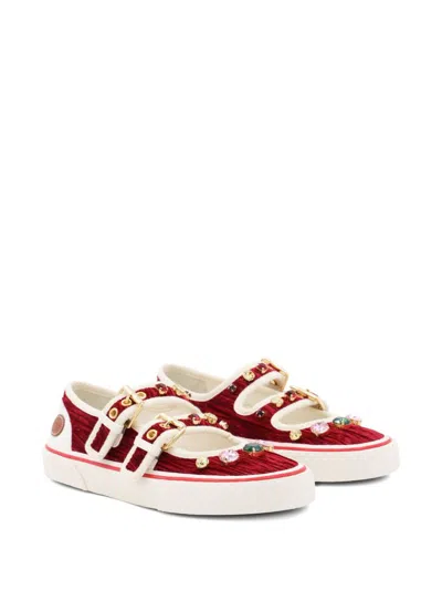 Valentino Embellished Double-buckled Sneakers In Red