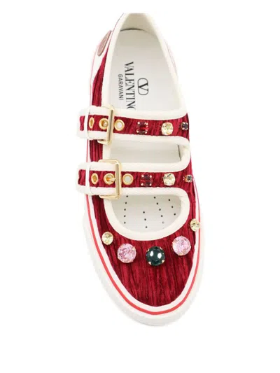 Valentino Embellished Double-buckled Sneakers In Red
