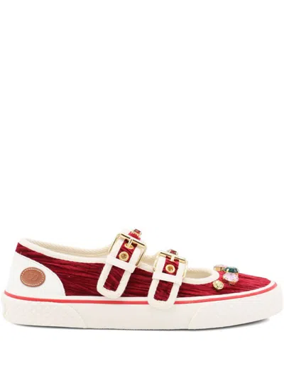 Valentino Embellished Double-buckled Sneakers In Red