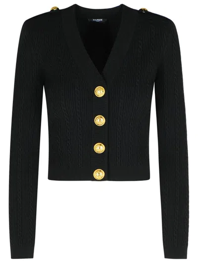 Balmain Structured Shoulder Black V-neck Cardigan With Decorative Buttons In Black