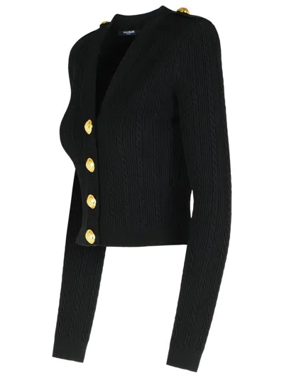 Balmain Structured Shoulder Black V-neck Cardigan With Decorative Buttons In Black