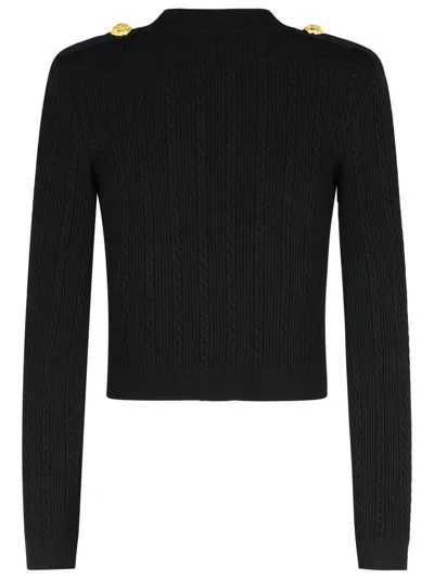 Balmain Structured Shoulder Black V-neck Cardigan With Decorative Buttons In Black