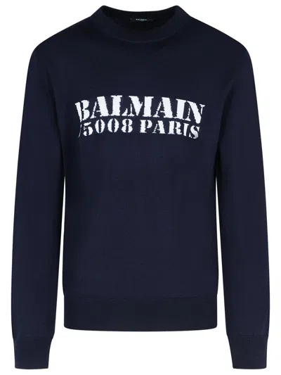 Balmain Navy Merino Intarsia Logo Sweater