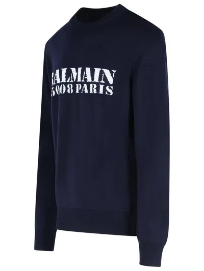 Balmain Navy Merino Intarsia Logo Sweater