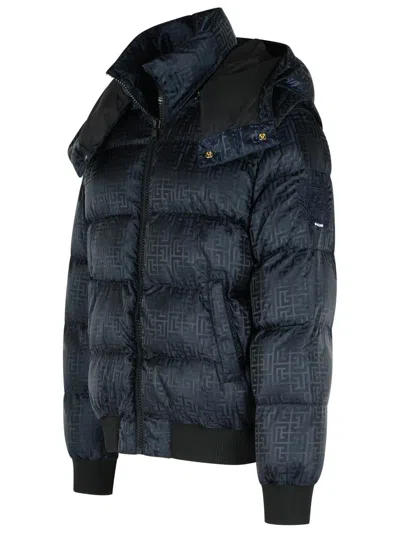 Balmain Short Nylon Jacquard Down Jacket With Black Monogram Men In Black