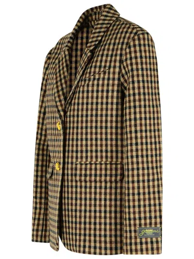 Ganni Check Wool Mix Oversized Blazer Jackets Brown In Brown