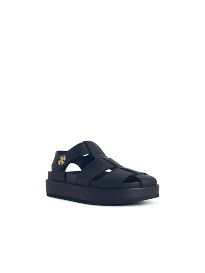 Tory Burch Kira Black Sandals With Logo Plaque In Grained Leather Woman In Black