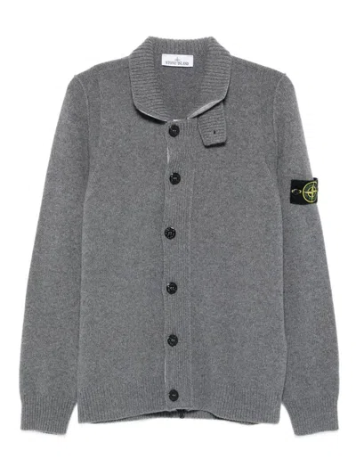 Stone Island Knit Button-up Jumper In Lamb Wool And Nylon Blend In Gray
