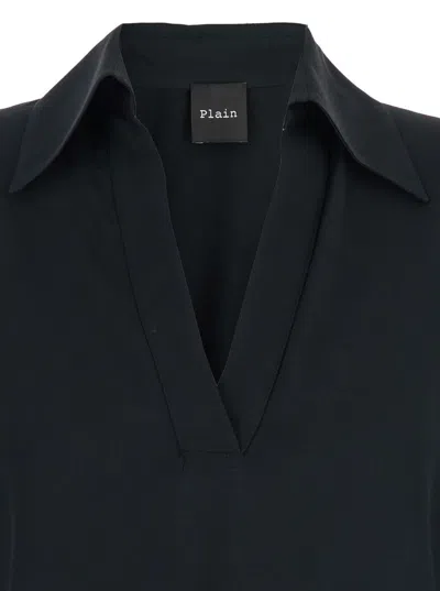 Plain Black Blouse With Polo Shirt Style Collar And V Neck