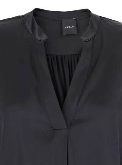 Plain Black Blouse With V Neck And Buttoned Cuffs