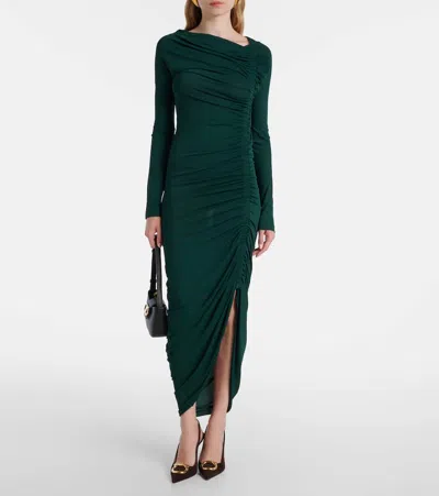 Ferragamo Ruched Long Sleeve Asymmetric Jersey Dress In Green