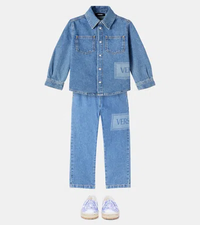 Versace Logo Denim Shirt In Blue