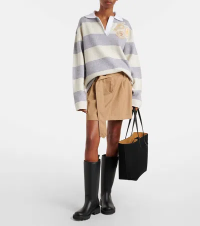 Moncler Striped Wool And Cotton-blend Polo Shirt In Gray