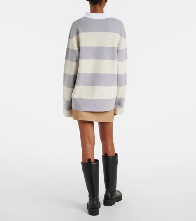 Moncler Striped Wool And Cotton-blend Polo Shirt In Gray