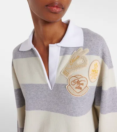 Moncler Striped Wool And Cotton-blend Polo Shirt In Gray