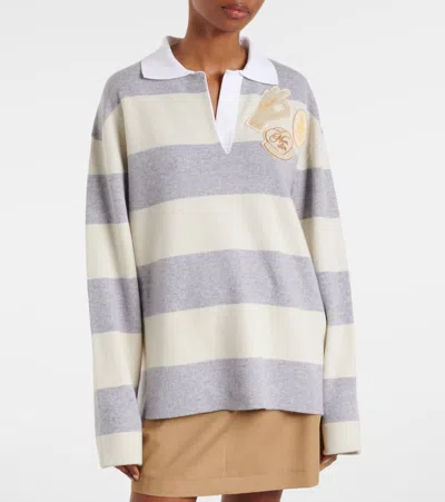 Moncler Striped Wool And Cotton-blend Polo Shirt In Gray