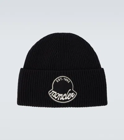 Moncler Black Wool Knit Logo Patch Beanie In Black