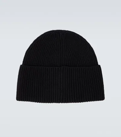 Moncler Black Wool Knit Logo Patch Beanie In Black