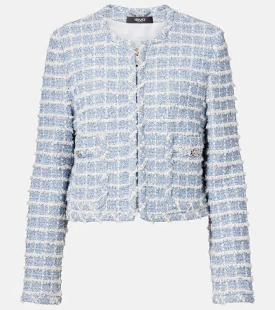 Versace Medusa Cropped Cotton-blend Tweed Jacket In Blue