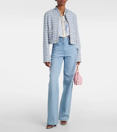 Versace Medusa Cropped Cotton-blend Tweed Jacket In Blue