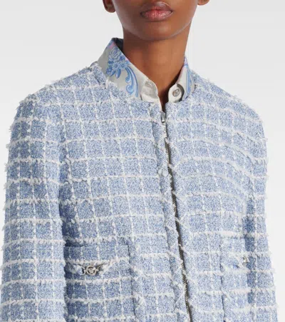 Versace Medusa Cropped Cotton-blend Tweed Jacket In Blue