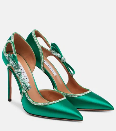 Aquazzura Soave Crystal 105 Bow-detail Satin Pumps In Green