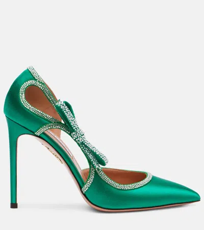 Aquazzura Soave Crystal 105 Bow-detail Satin Pumps In Green