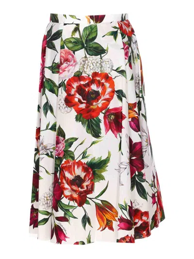 Dolce & Gabbana Multicolor Midi Skirt With All-over Floral Print And Rear Zip Closure In Cotton Woman