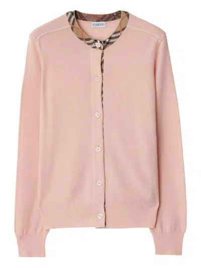 Burberry Check Knit Cardigan With Ribbed Trim In Pink