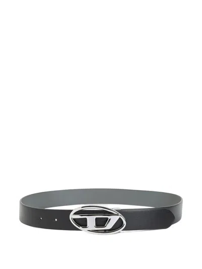Diesel Reversible Logo Belt Adjustable Fit Metal Buckle In Black