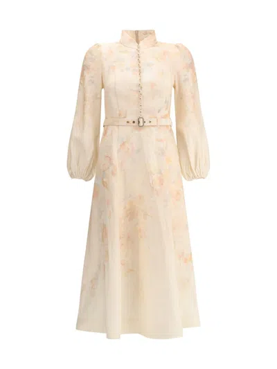 Zimmermann Crush Multicolor Midi Dress With Puffed Sleeves And Adjustable And Removable Belt In Linen Woman In Neutral