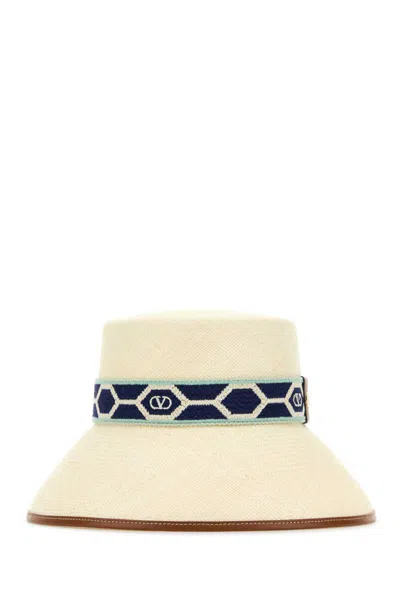 Valentino Embroidered Band Straw Bucket Hat In White