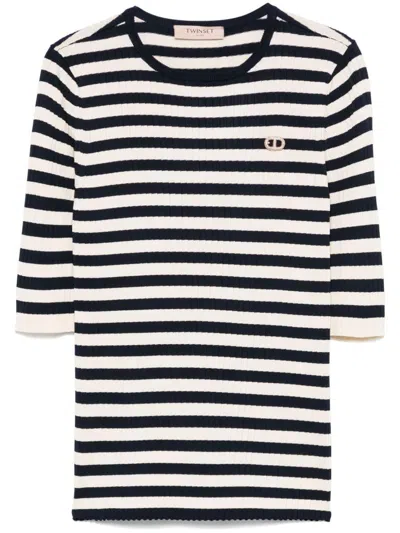 Twinset Blue And White Stripers Sweater In Multi
