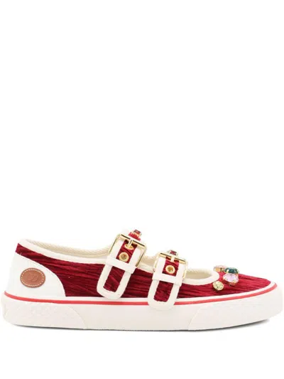 Valentino Embellished Double-buckled Sneakers In Red