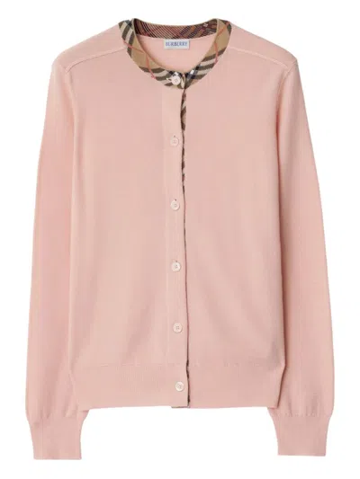 Burberry Check Knit Cardigan With Ribbed Trim In Pink
