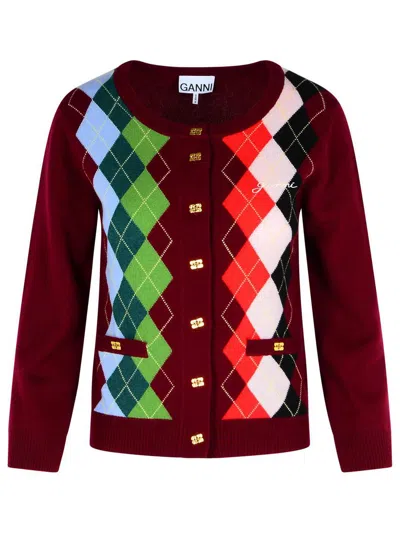 Ganni Multicolor Crewneck Cardigan With Jewel Buttons And Gemetric Motif On The Front In Red