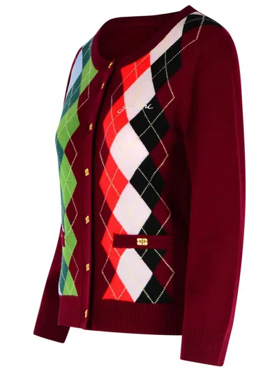Ganni Multicolor Crewneck Cardigan With Jewel Buttons And Gemetric Motif On The Front In Red