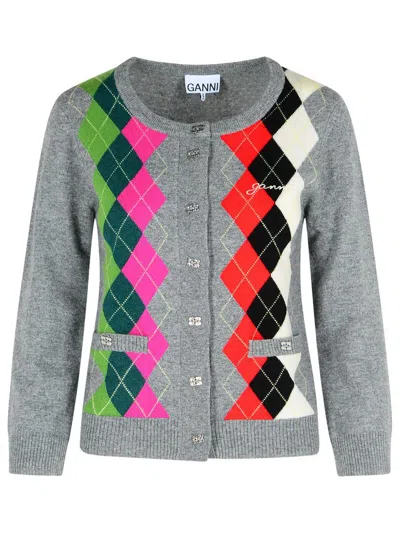 Ganni Cardigan Checkered Argyle Pattern In Gray